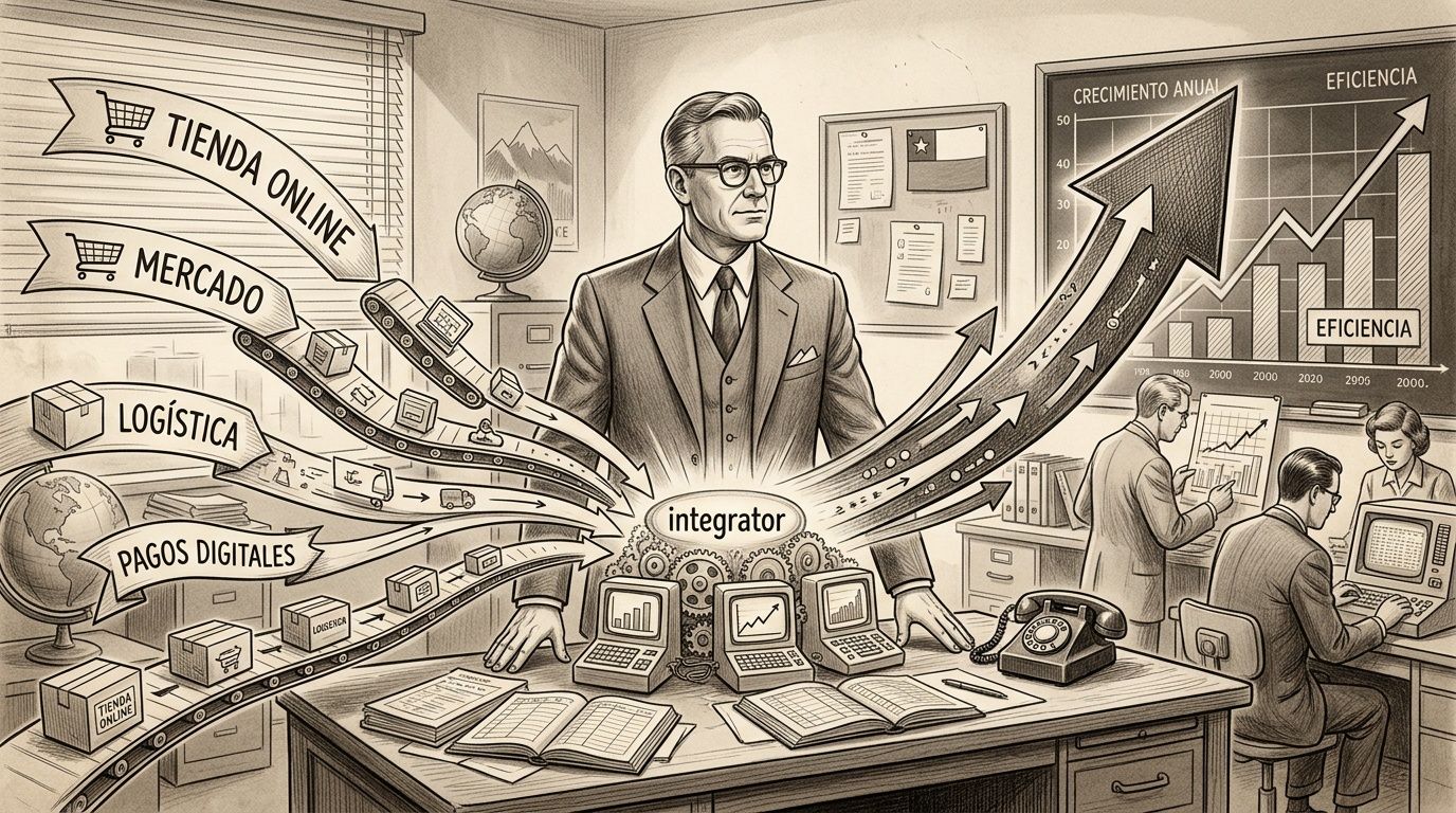 Un ejecutivo supervisando la integración de procesos digitales y logística en una oficina de estilo vintage.