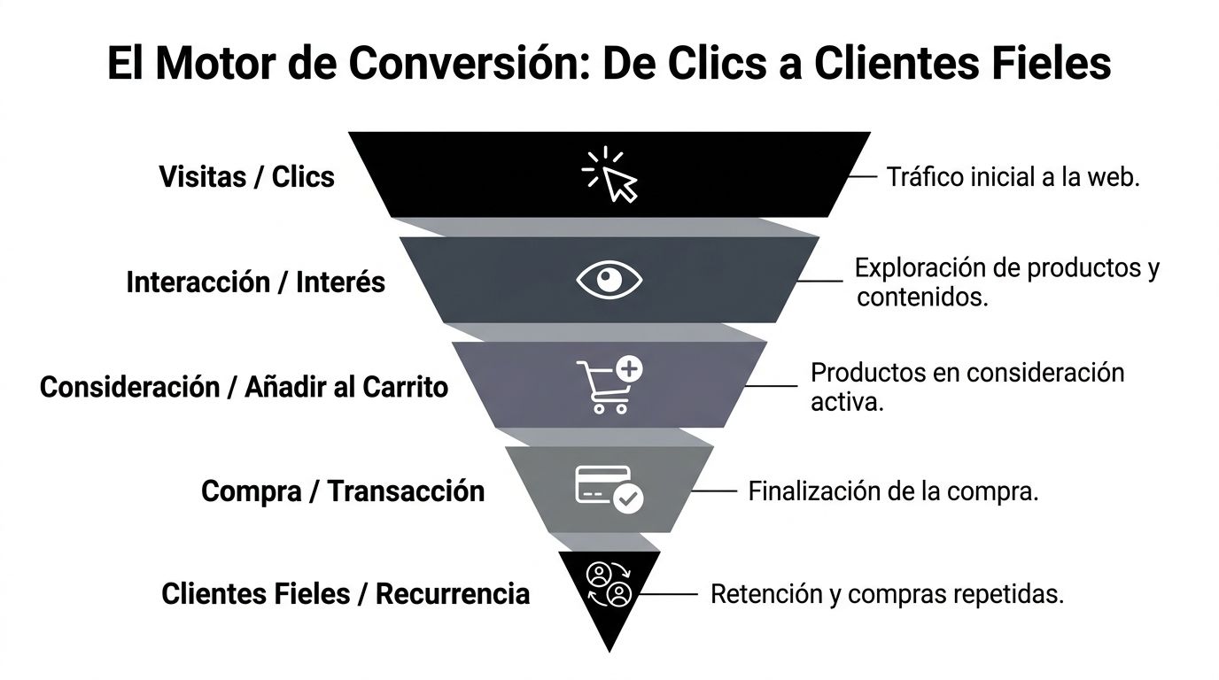 Embudo de conversión mostrando el proceso desde visitas iniciales hasta la retención de clientes fieles.