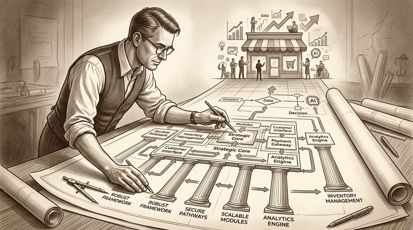 Un profesional planificando una estrategia de marketing digital para e-commerce sobre planos detallados con elementos arquitectónicos.