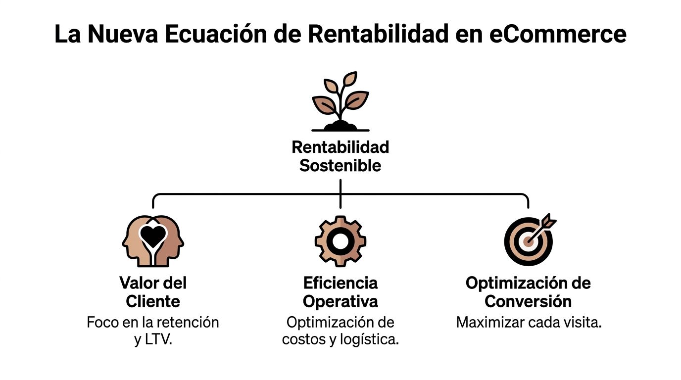 Diagrama sobre la nueva ecuación de rentabilidad sostenible en ecommerce, destacando el valor del cliente, eficiencia operativa y optimización.