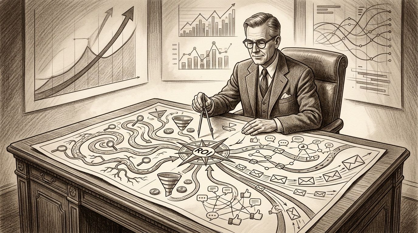 Un hombre de negocios analizando una estrategia de marketing digital con un gráfico de retorno de inversión.