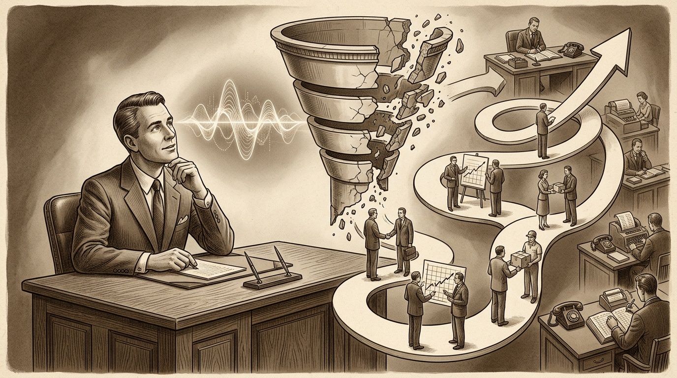 Un ejecutivo pensando en estrategias de optimización para búsquedas por voz mientras analiza el proceso comercial.