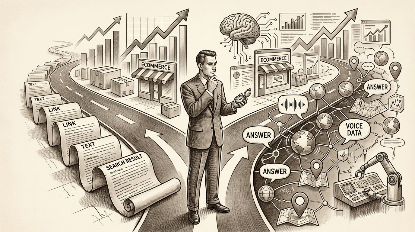 Hombre de negocios eligiendo entre resultados de búsqueda tradicionales y datos de voz digitales para comercio electrónico.