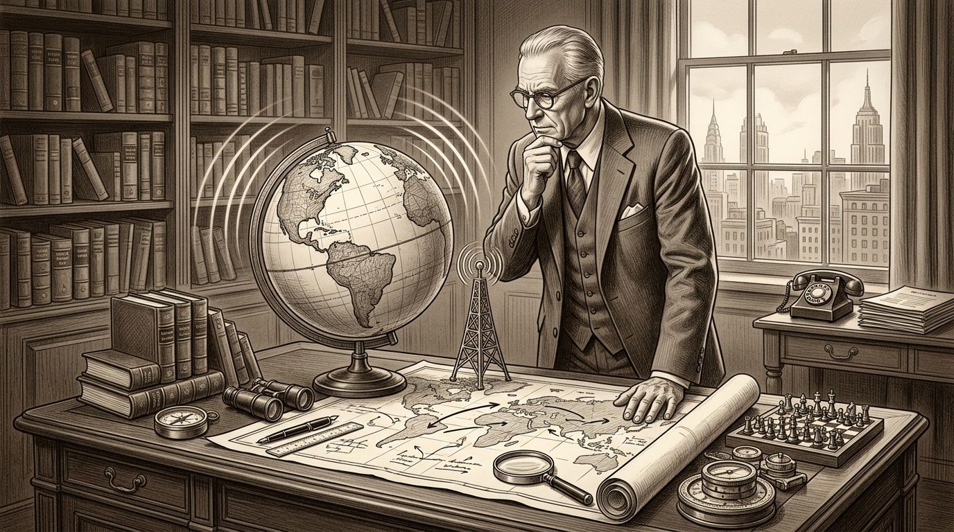Un hombre de negocios analizando un mapa mundial y un globo terráqueo en su oficina clásica.