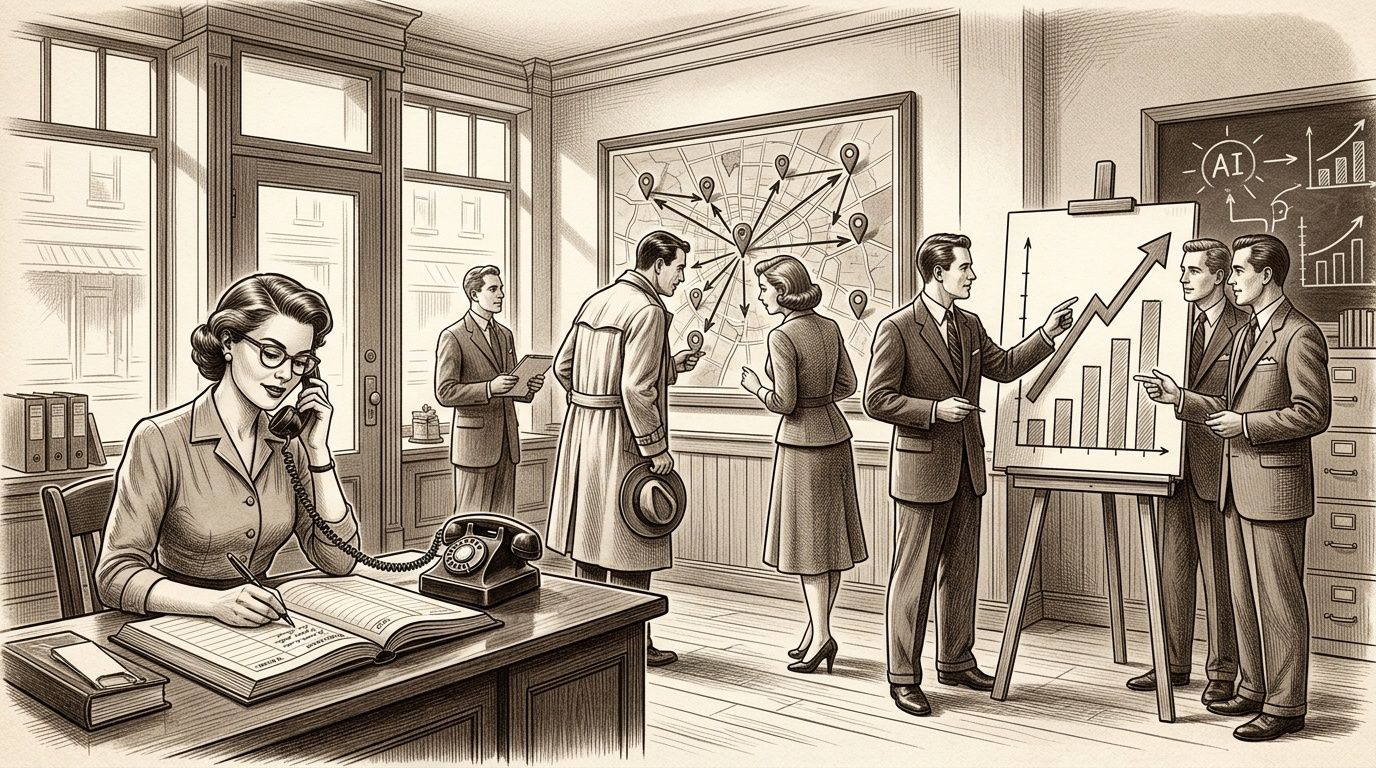 Oficina de estilo vintage donde empleados analizan datos, mapas y gráficas de crecimiento empresarial en equipo.