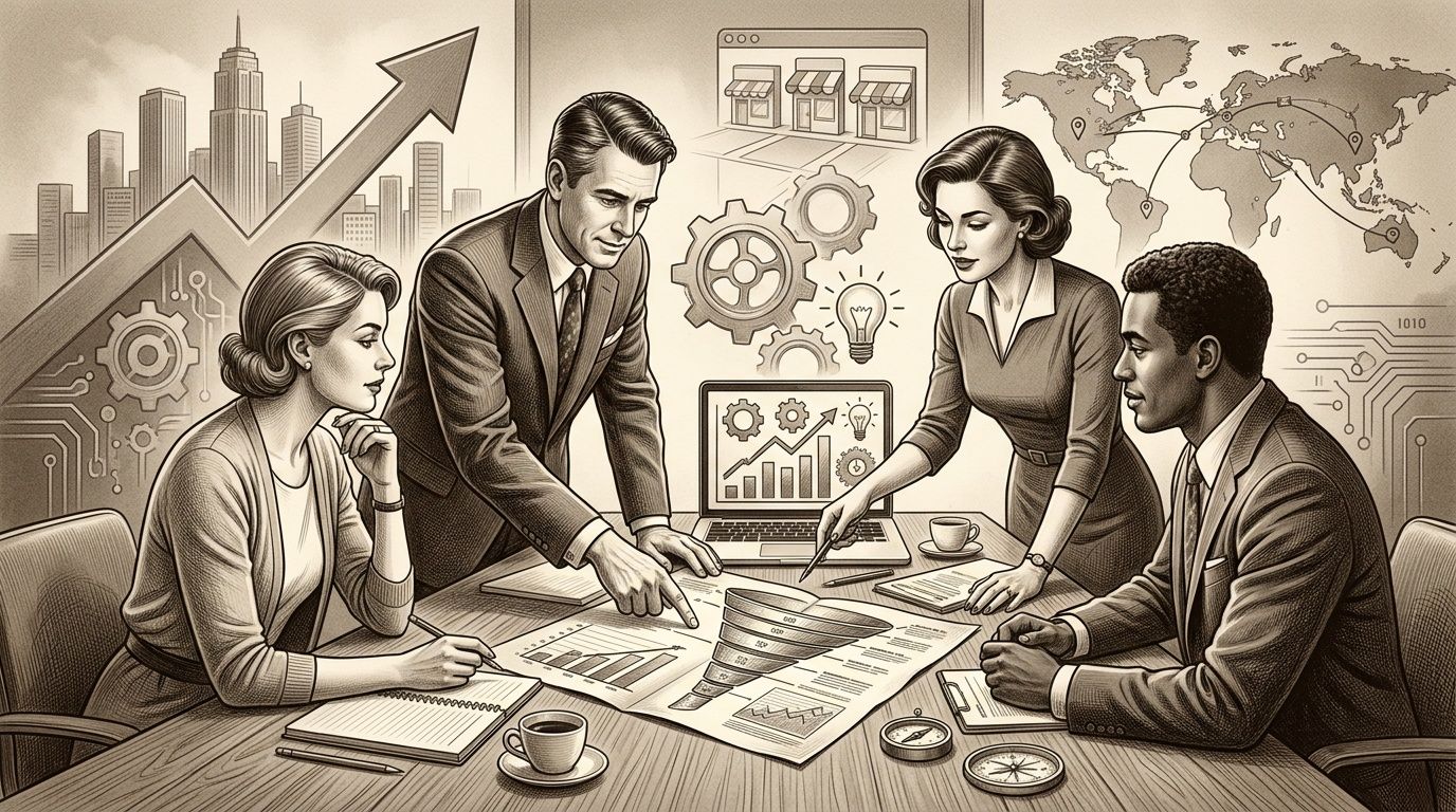 Grupo de profesionales de negocios analizando estrategias y gráficos de crecimiento en una reunión de oficina.