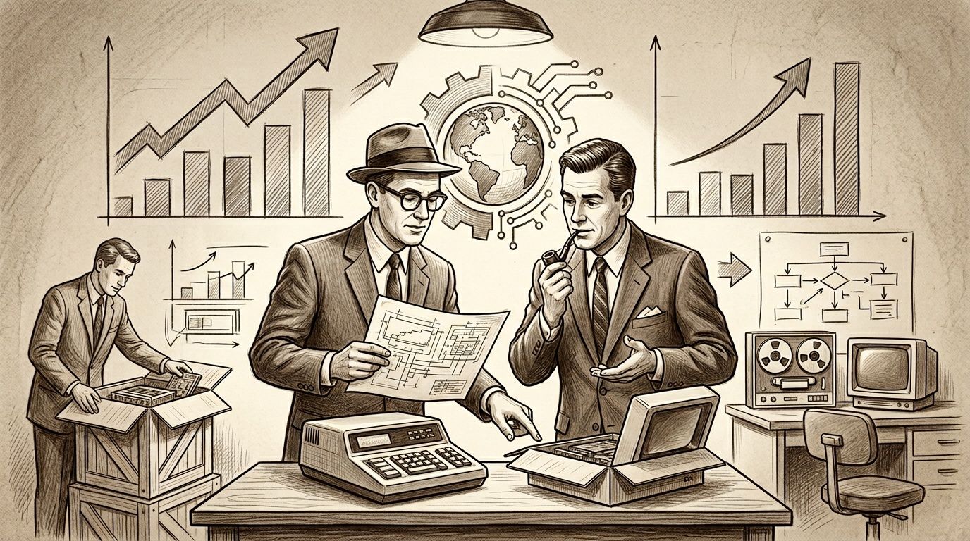 Dos empresarios de estilo retro analizan planos y equipo tecnológico frente a gráficos financieros y diagramas corporativos.