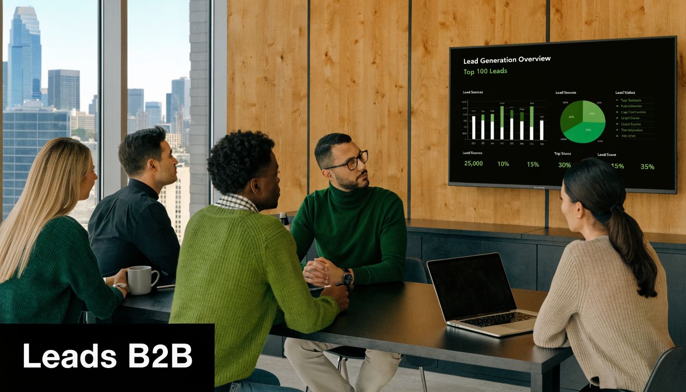 Un equipo de profesionales analizando estrategias de marketing digital y métricas de generación de leads en oficina.