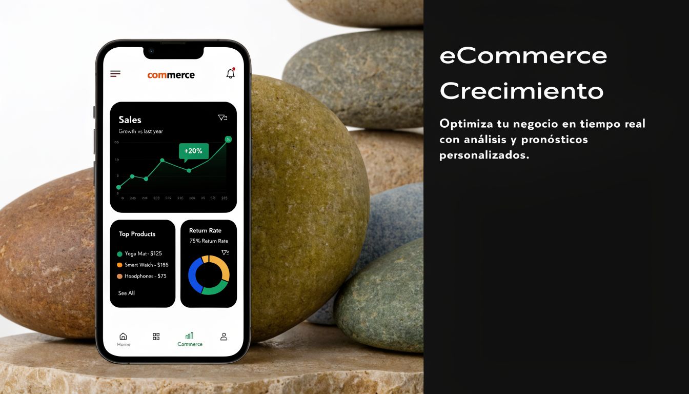 Una aplicación móvil muestra análisis y estadísticas de ventas en un panel de control para negocios eCommerce.