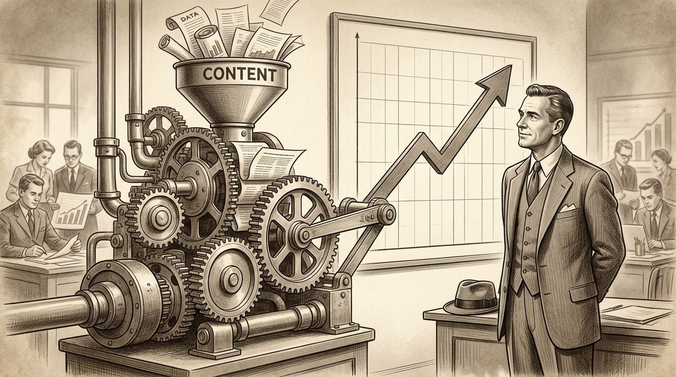 Ilustración vintage de una máquina industrial convirtiendo datos y contenido en un gráfico de crecimiento empresarial positivo.