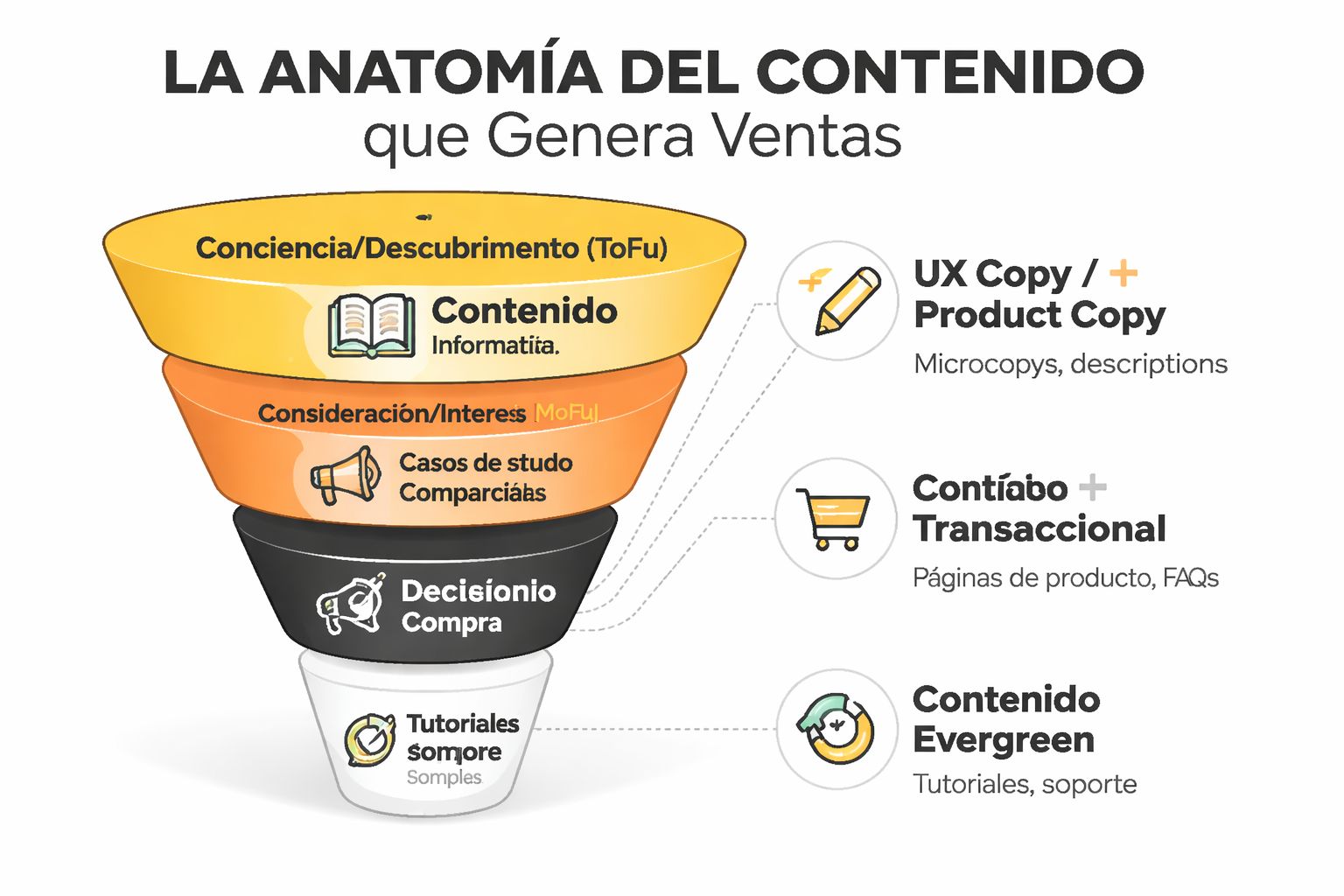 Embudo de marketing que muestra los diferentes tipos de contenido necesarios para generar ventas en un negocio.