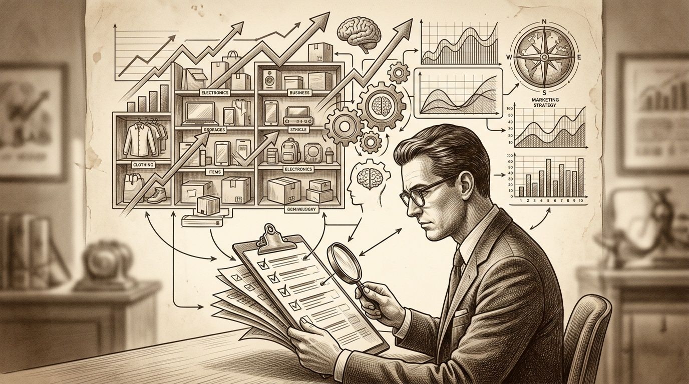 Un ejecutivo analiza gráficos financieros y gestión de inventarios con una lupa en su oficina.