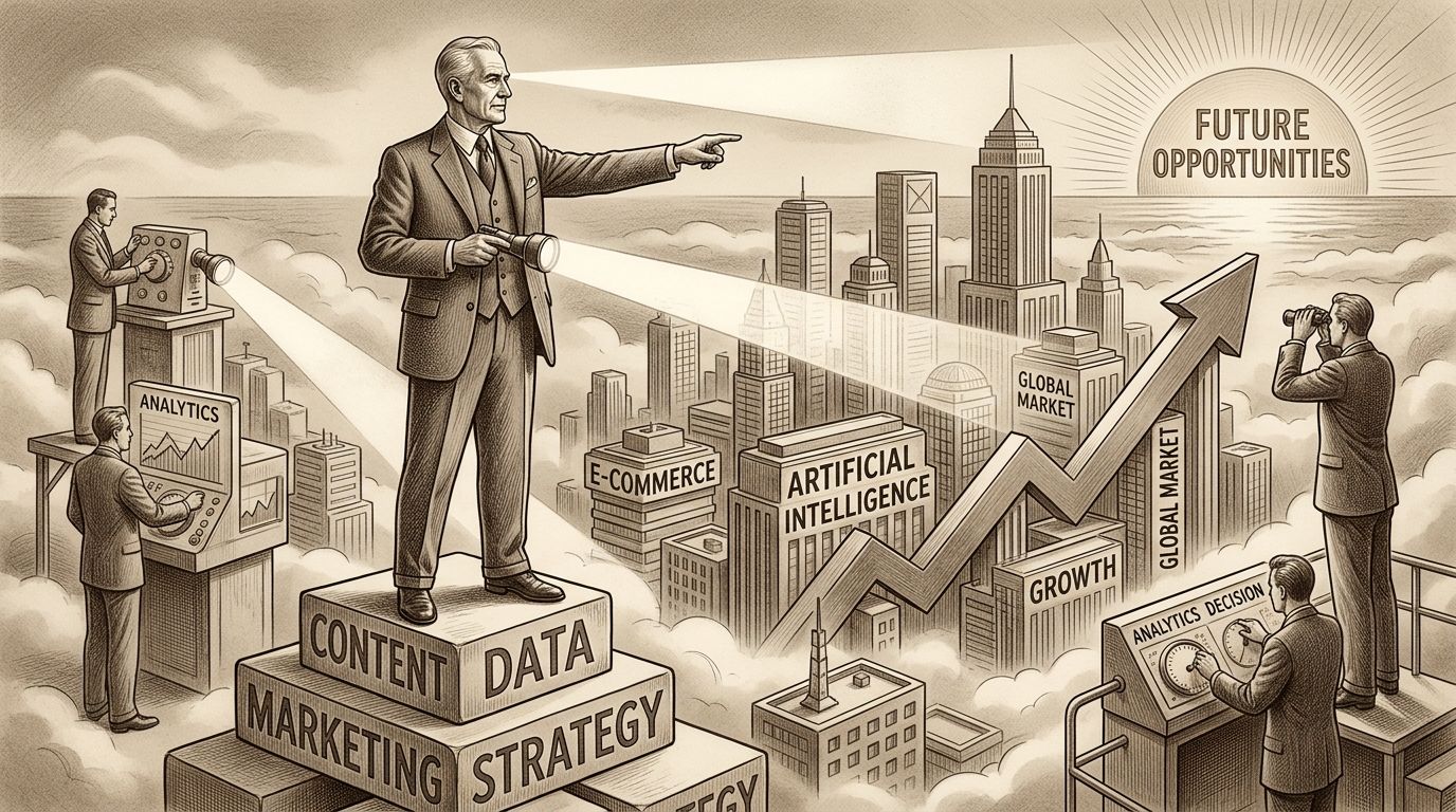 Líder de negocios señalando hacia oportunidades futuras mediante análisis estratégico, marketing, datos y tecnología en una ciudad.