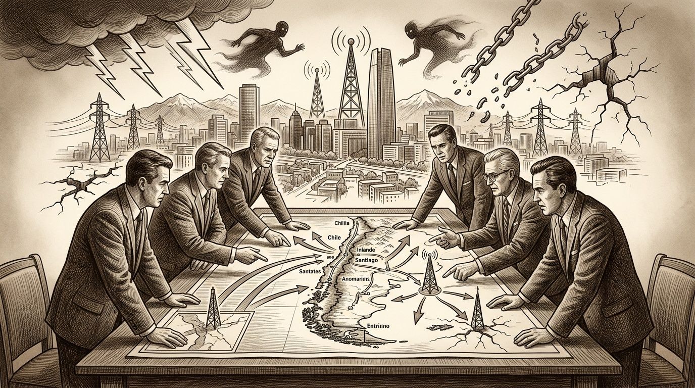 Hombres de negocios analizando un mapa de Chile con torres de comunicaciones y símbolos de crisis geopolítica.