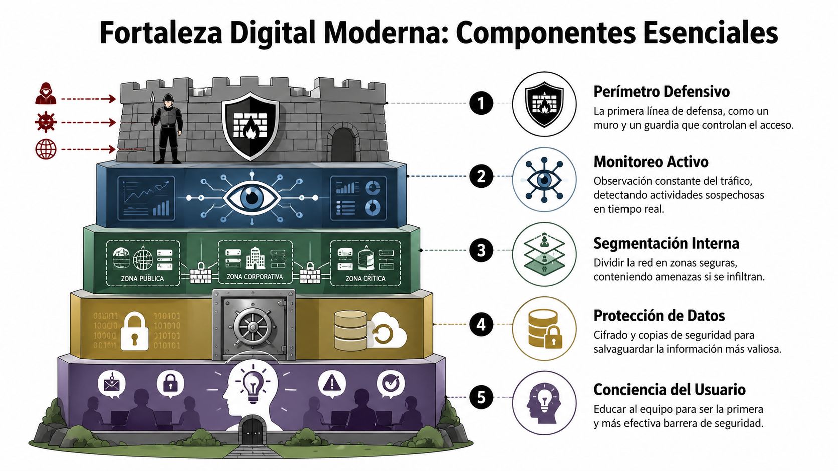 Infografía sobre los cinco componentes esenciales para construir una fortaleza de seguridad digital moderna.