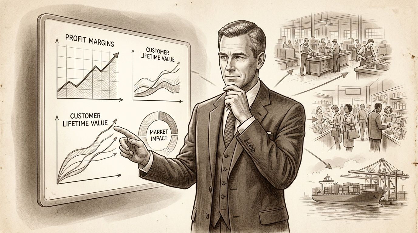Un ejecutivo de negocios señalando gráficos de rendimiento empresarial, métricas de mercado y operaciones industriales globales.