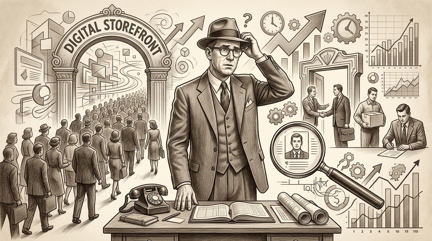 Un ejecutivo con traje y sombrero se muestra confundido ante gráficos de mercado y un flujo de clientes.