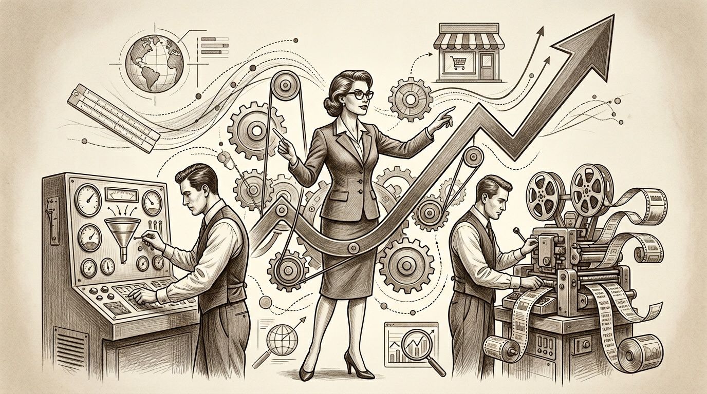 Representación artística de un equipo profesional trabajando en estrategias de marketing y crecimiento empresarial con gráficos.