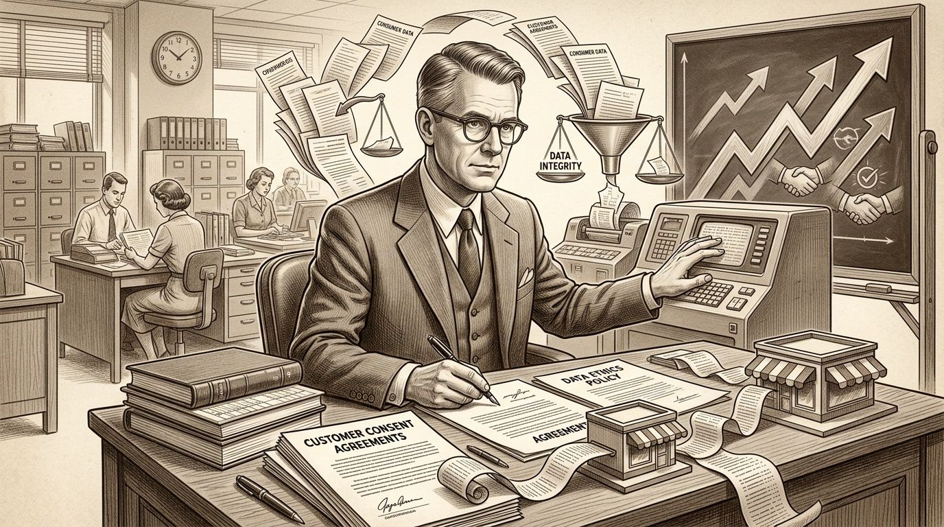 Un ejecutivo de oficina gestionando políticas de ética de datos y acuerdos de consentimiento del consumidor formalmente.