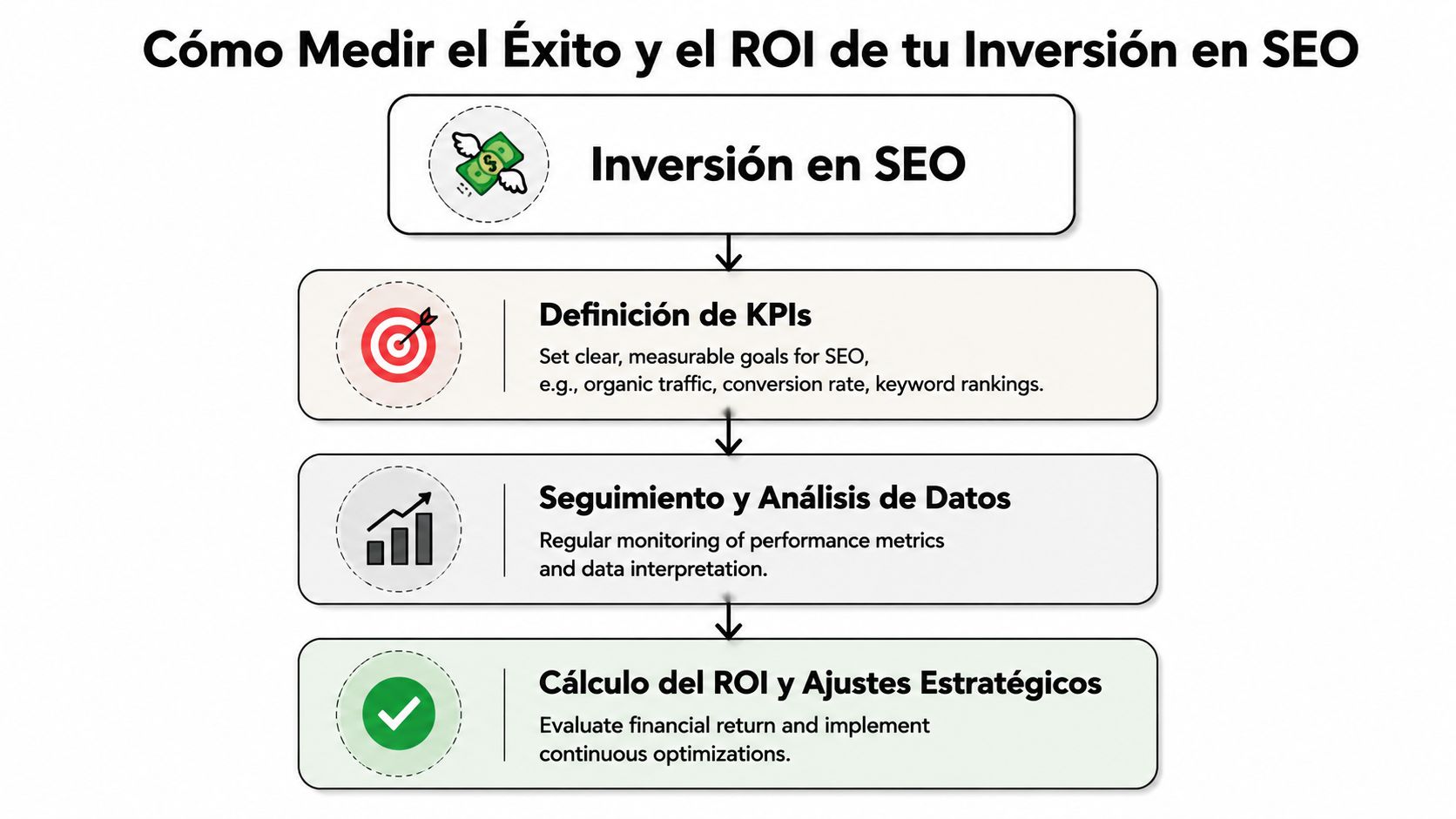 Diagrama de flujo que explica los pasos para medir el éxito y el ROI de una inversión SEO.