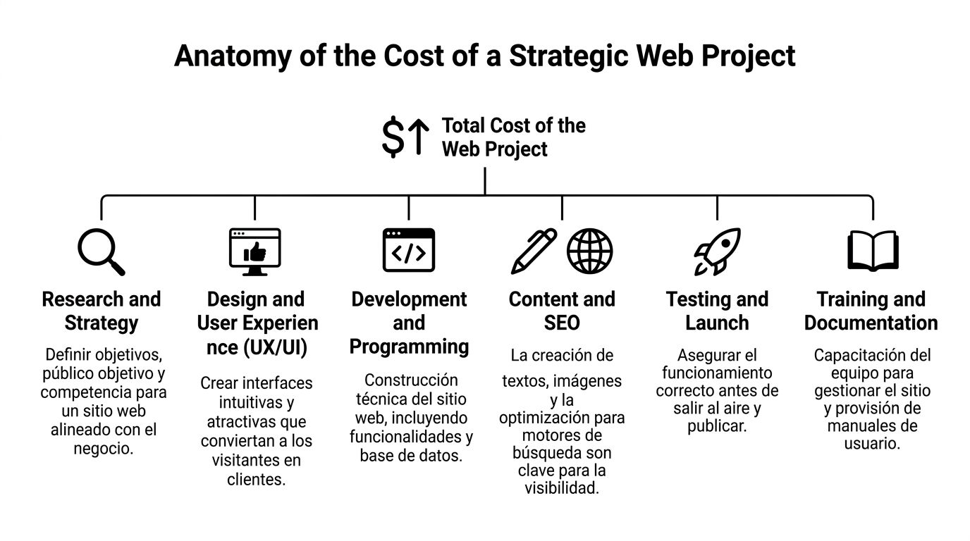 Diagrama que desglosa los componentes clave que definen el costo total de un proyecto web estratégico profesional.