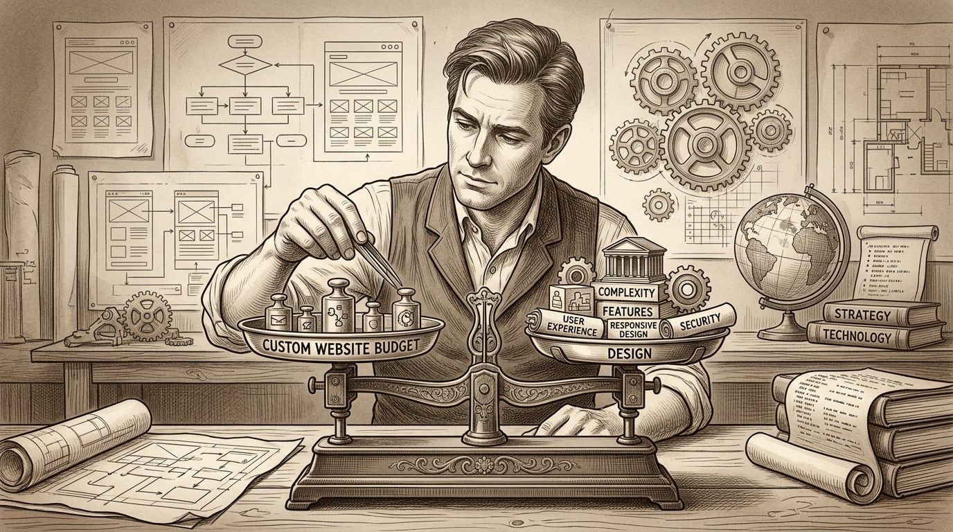 Hombre analizando el equilibrio entre el presupuesto y el diseño para crear una página web profesional.