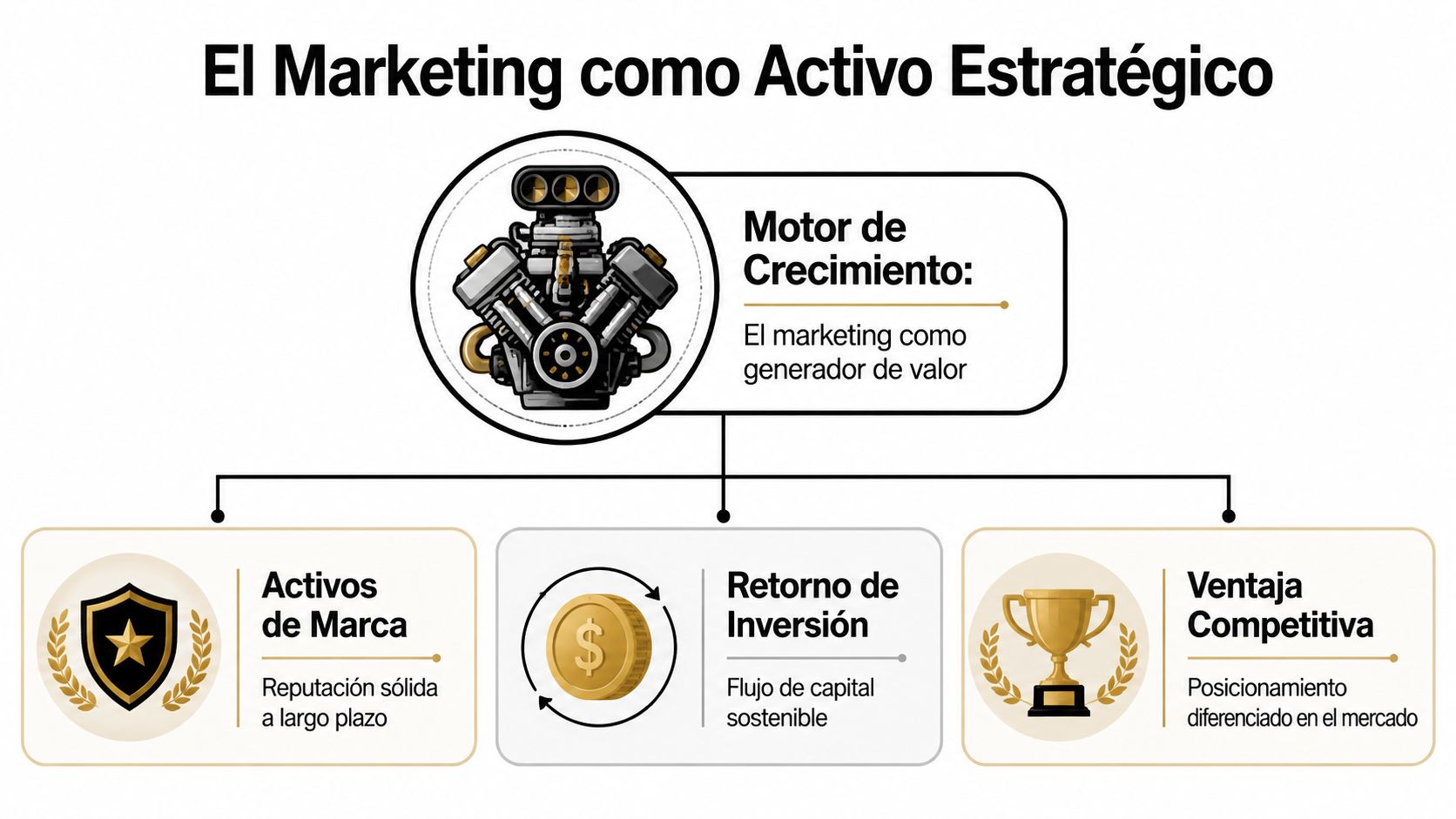 Diagrama que ilustra el marketing como motor de crecimiento, activos de marca, retorno de inversión y ventaja competitiva.