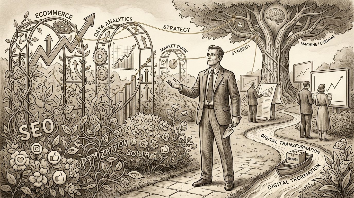 Un hombre de negocios gestiona un jardín conceptual que representa el crecimiento empresarial y la transformación digital.