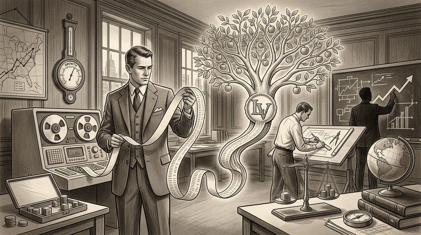 Ilustración estilo vintage de hombres de negocios analizando datos financieros y estrategias de crecimiento en oficina.