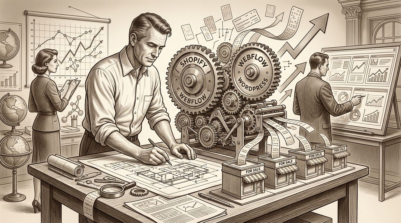Profesionales de negocios analizando estrategias de mercado y desarrollo web utilizando gráficos y modelos en miniatura.