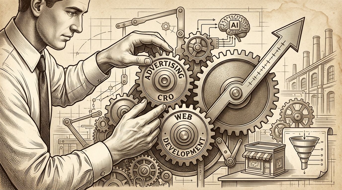A businessman adjusting gears that symbolize advertising, CRO, web development and artificial intelligence to optimize results.