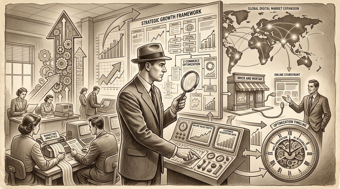 Vintage-style illustration of a business strategist analyzing complex data for business and digital growth.