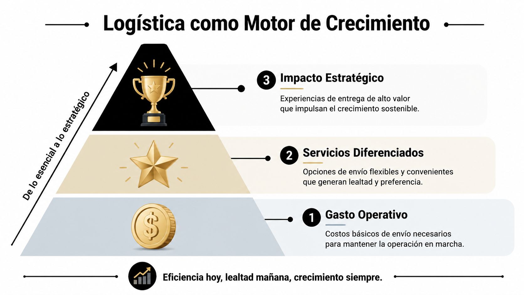 Una pirámide empresarial que muestra cómo la logística evoluciona de gastos operativos a impacto estratégico para el crecimiento.