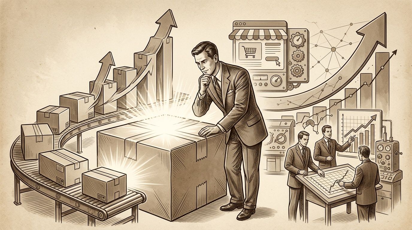 Un hombre de negocios observa un paquete brillante en una línea de montaje con gráficos de crecimiento empresarial.