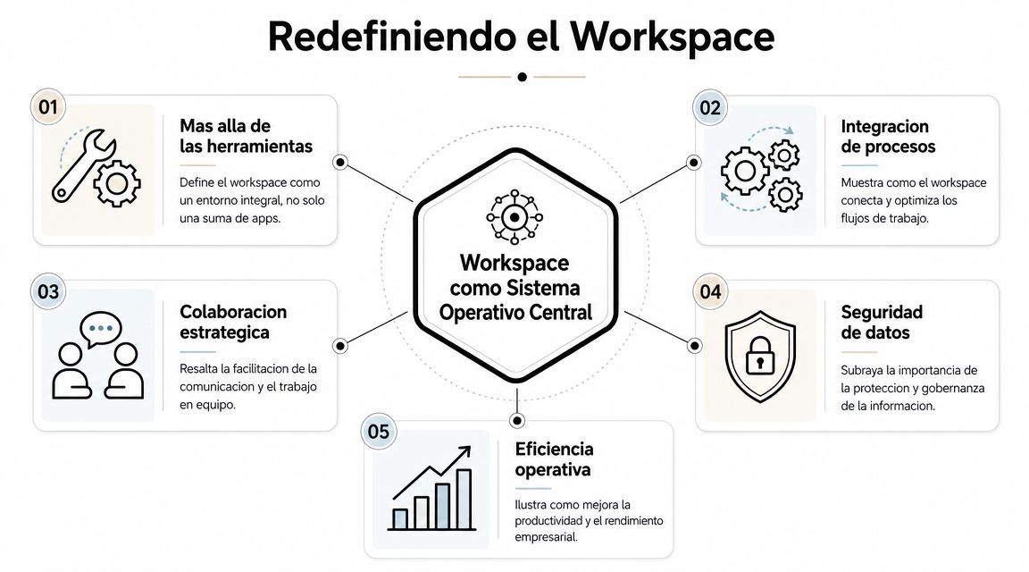 Diagrama de flujo que explica el concepto del espacio de trabajo como sistema operativo central empresarial.