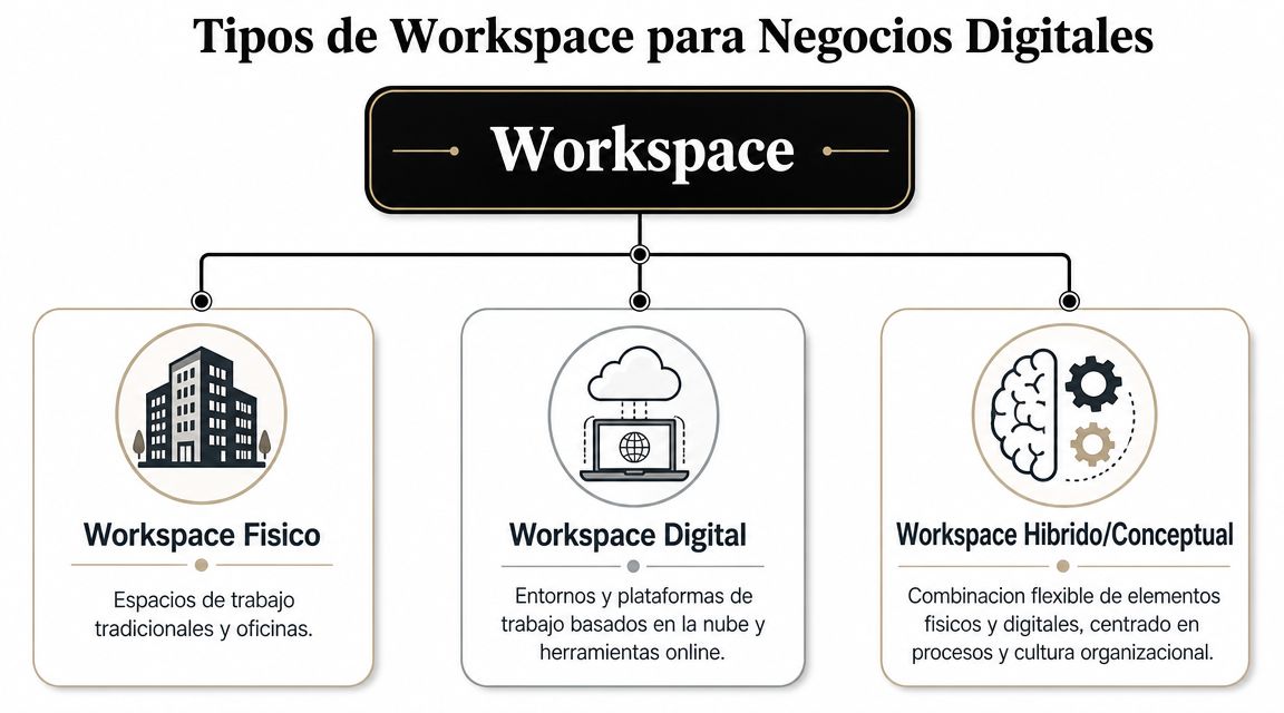Diagrama que muestra los tres tipos principales de espacios de trabajo para negocios digitales: físico, digital e híbrido.