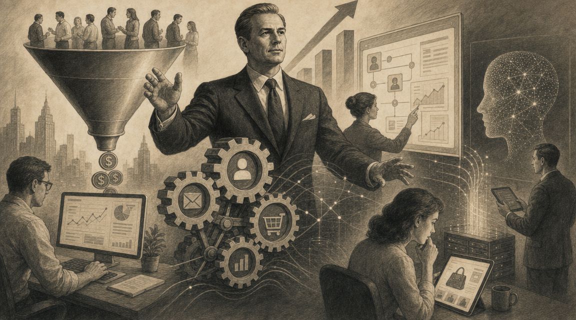 Representación visual de un sistema CRM en marketing con un equipo trabajando en estrategia y datos.