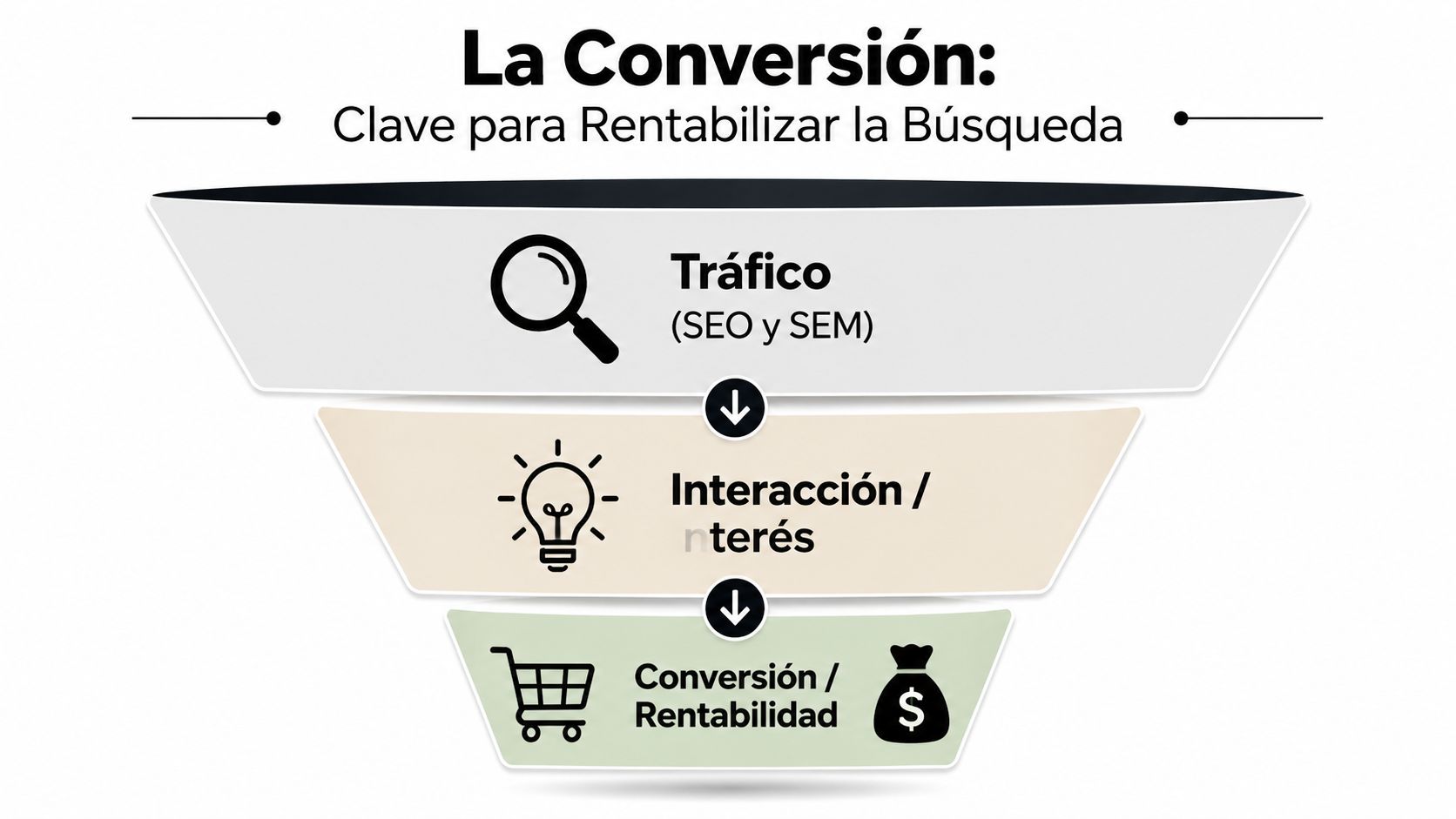 Embudo de conversión que ilustra cómo transformar tráfico de búsqueda, interés e interacción en rentabilidad y ventas finales.