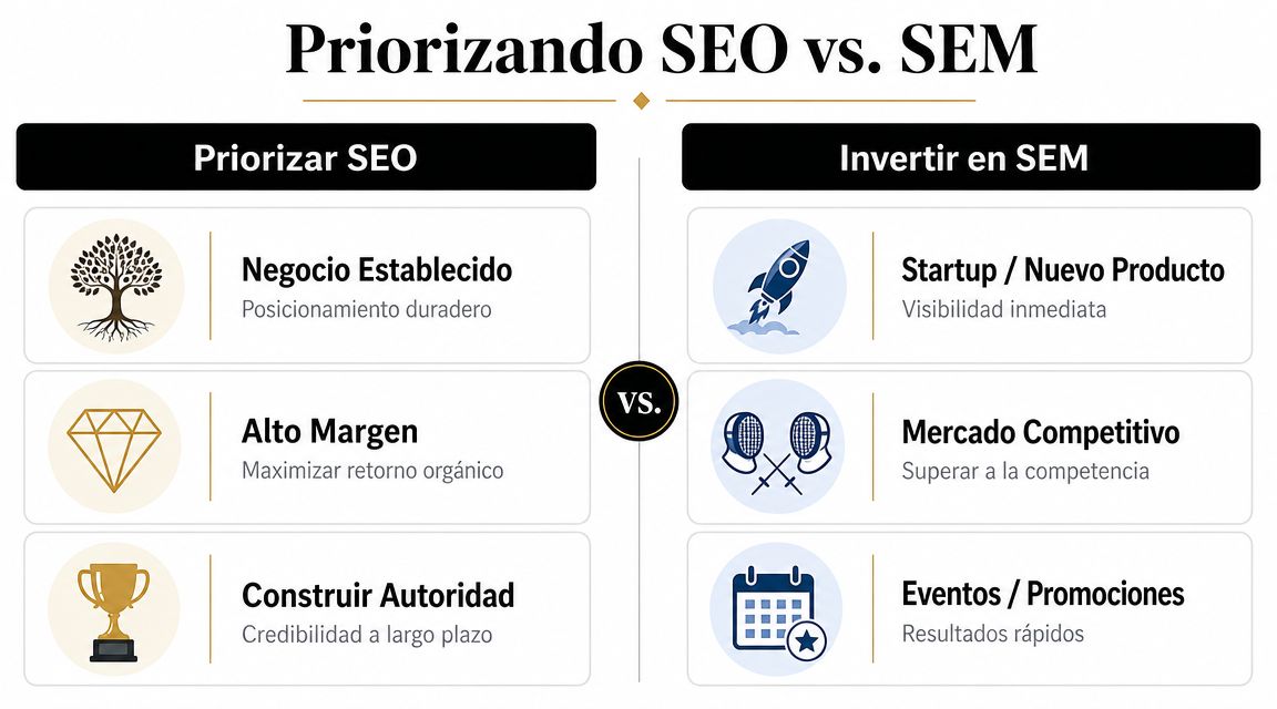Infografía comparativa que muestra cuándo priorizar SEO frente a invertir en estrategias de marketing SEM.