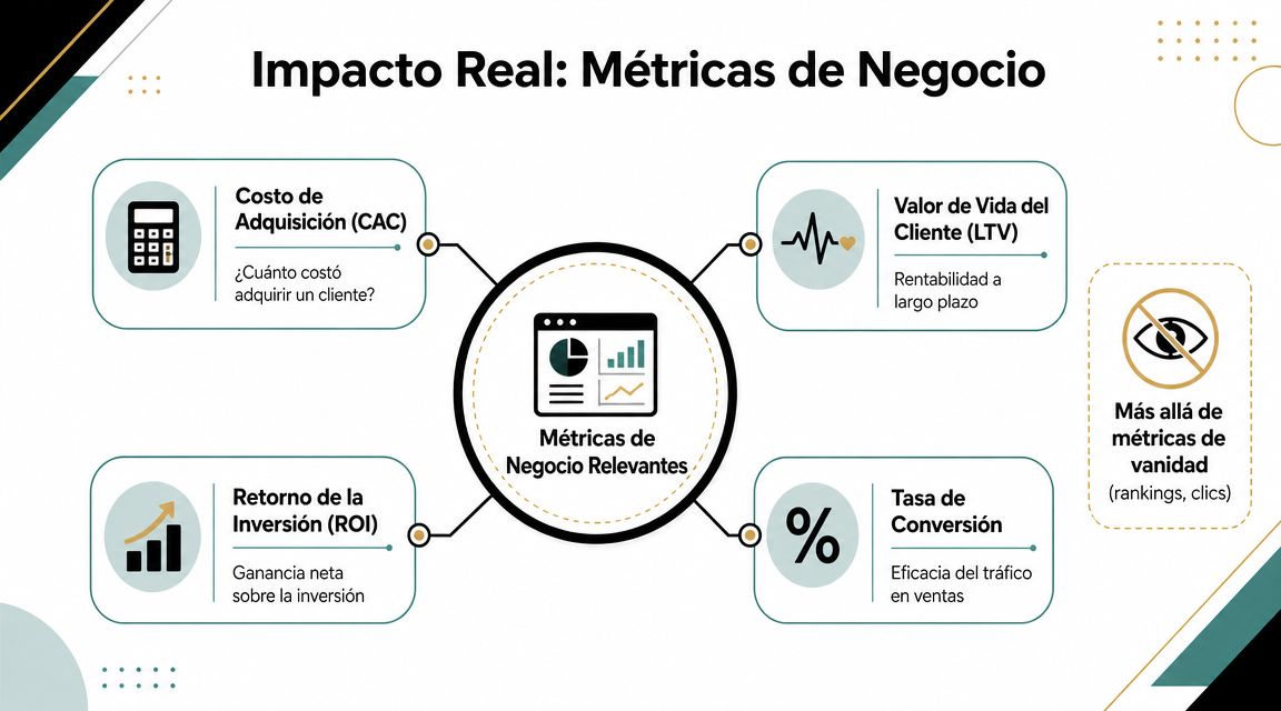 Infografía sobre métricas de negocio relevantes como CAC, LTV, ROI y tasa de conversión para marketing digital.