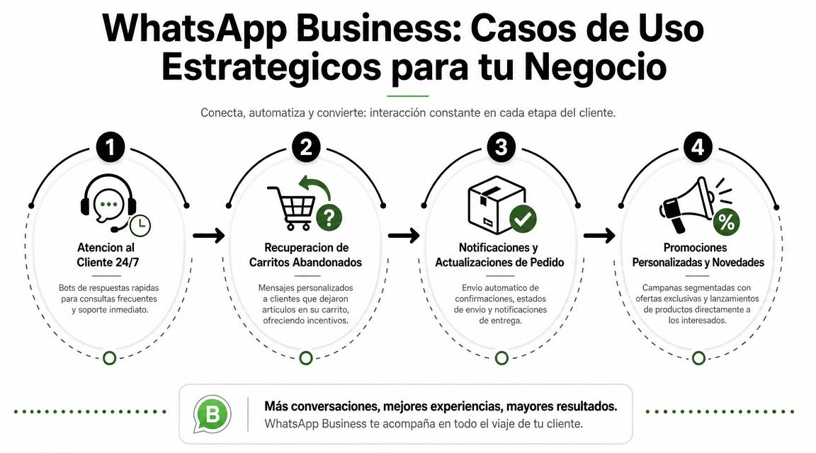 Infografía sobre casos de uso estratégicos de WhatsApp Business para automatizar y mejorar la atención al cliente.