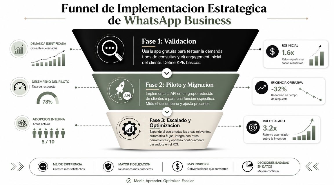 Infografía del embudo de implementación estratégica de WhatsApp Business mostrando tres fases de desarrollo y resultados.