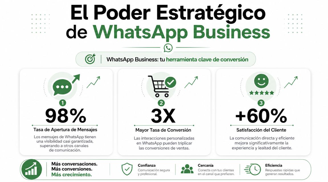 Infografía sobre los beneficios estratégicos de usar WhatsApp Business para aumentar ventas, conversiones y satisfacción del cliente.