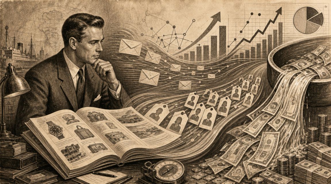 Un hombre de negocios analizando datos, correos electrónicos y leads que se convierten en grandes ganancias financieras.