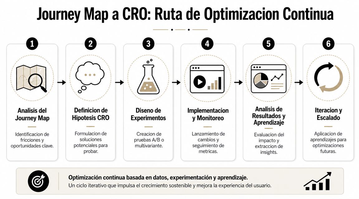 Diagrama de seis pasos que ilustra el proceso de optimización de conversión continua o metodología CRO.