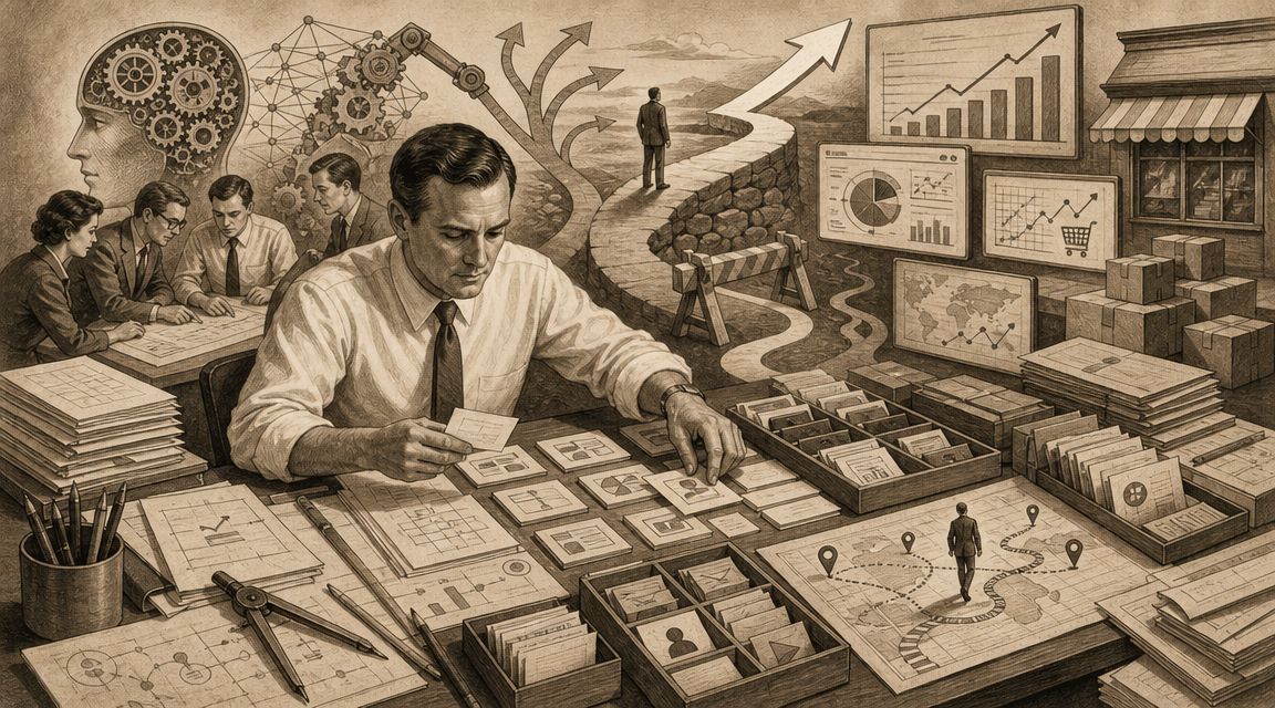 Un hombre de negocios analizando datos estratégicos y mapas de viaje en su oficina con estilo vintage.