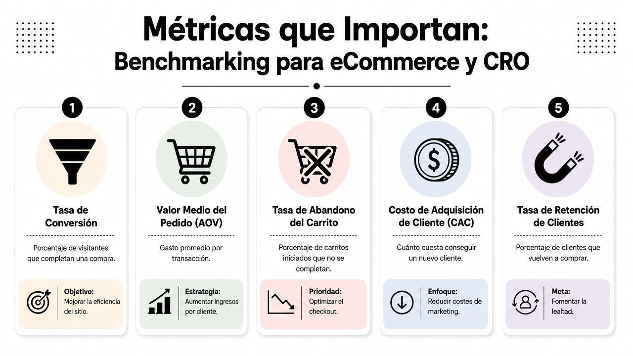 Infografía sobre las 5 métricas clave para medir el rendimiento de un sitio de eCommerce y CRO.