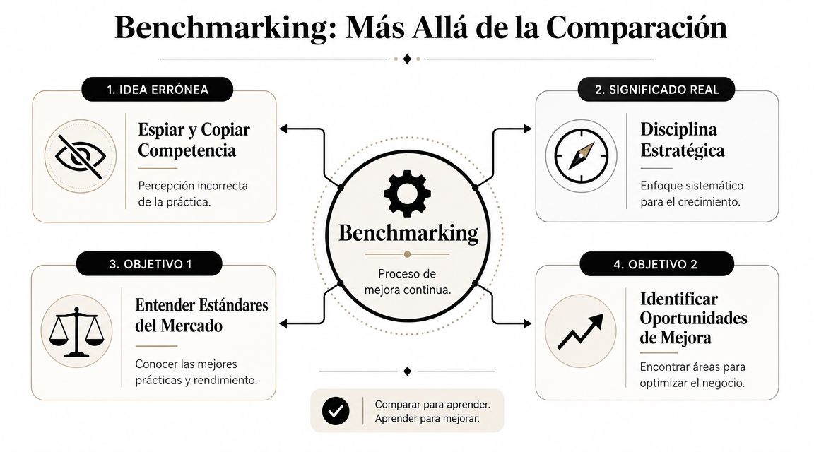 Infografía explicativa sobre el benchmarking, detallando significados reales, objetivos estratégicos y conceptos erróneos sobre esta práctica.