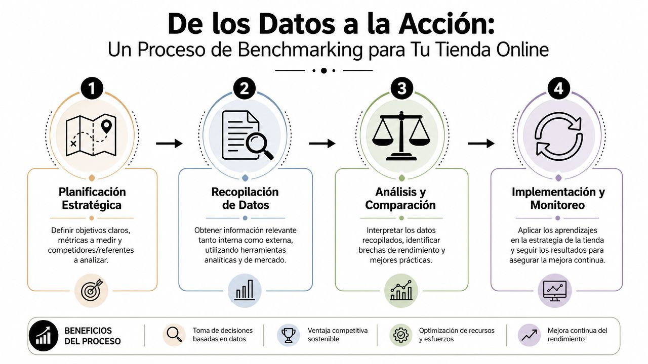 Infografía paso a paso sobre el proceso de benchmarking para mejorar el rendimiento de una tienda online.