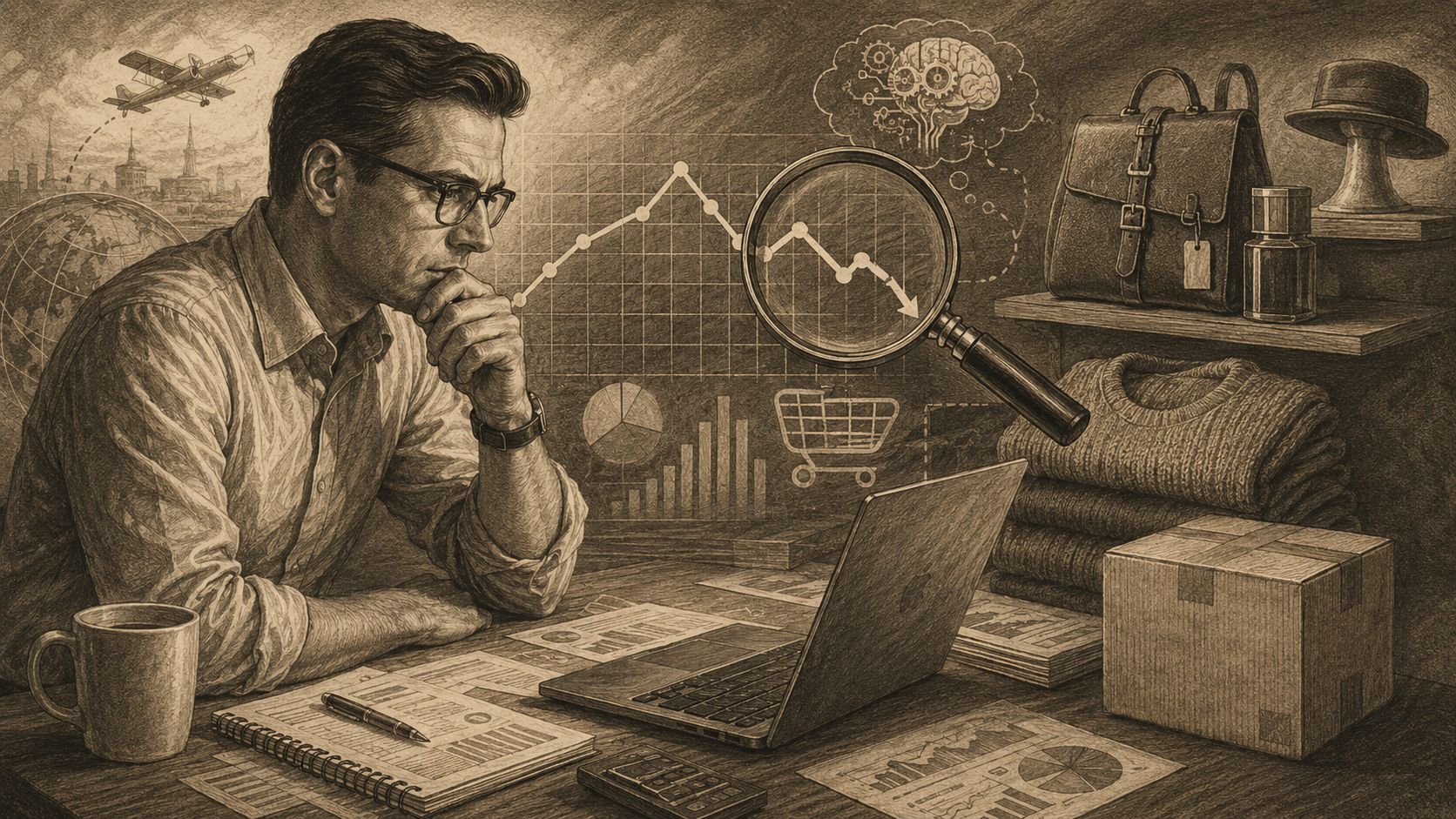 Hombre analizando datos de mercado en una computadora portátil con gráficos financieros y objetos de oficina.